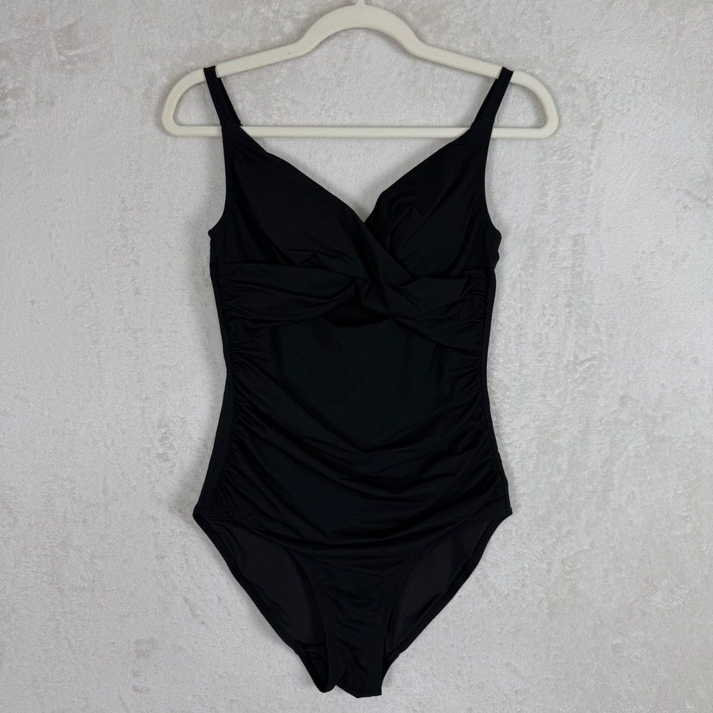 Shapellx Womens Black Ruched Wrap V-Neck One Piece Swimsuit Size S Shapewear